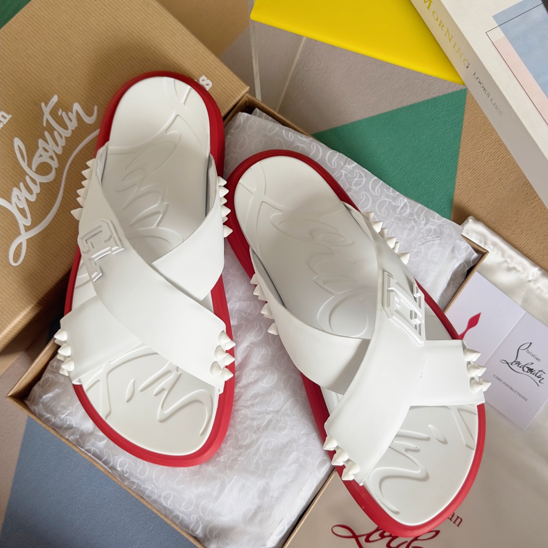The Replica Wide Openwork Straps on the Upper Are Embellished Christian Louboutin Slides