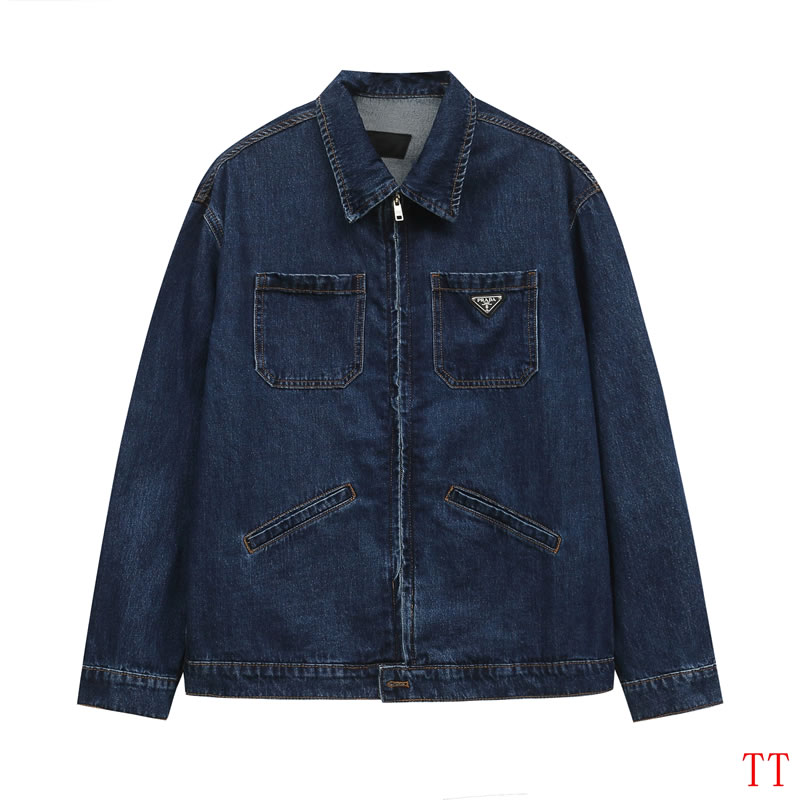 Original foreign trade classic triangle label zipper washed Replica prada denim jacket